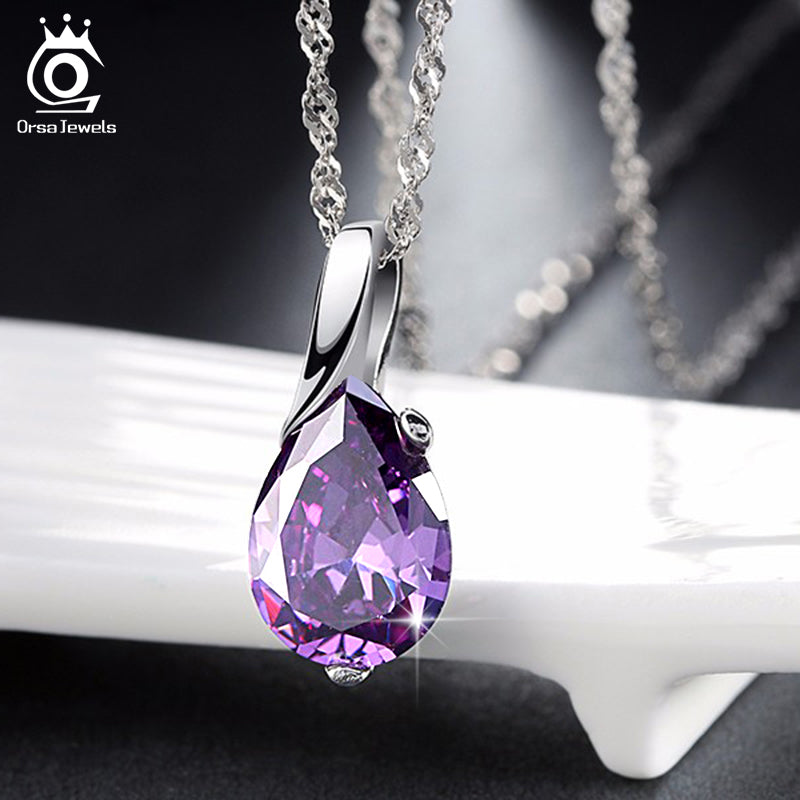 ORSA JEWELS New Design AAA Austrian Cubic Pendant Necklace on Silver Color Purple Zircon Pendant for Women Fashion Jewelry