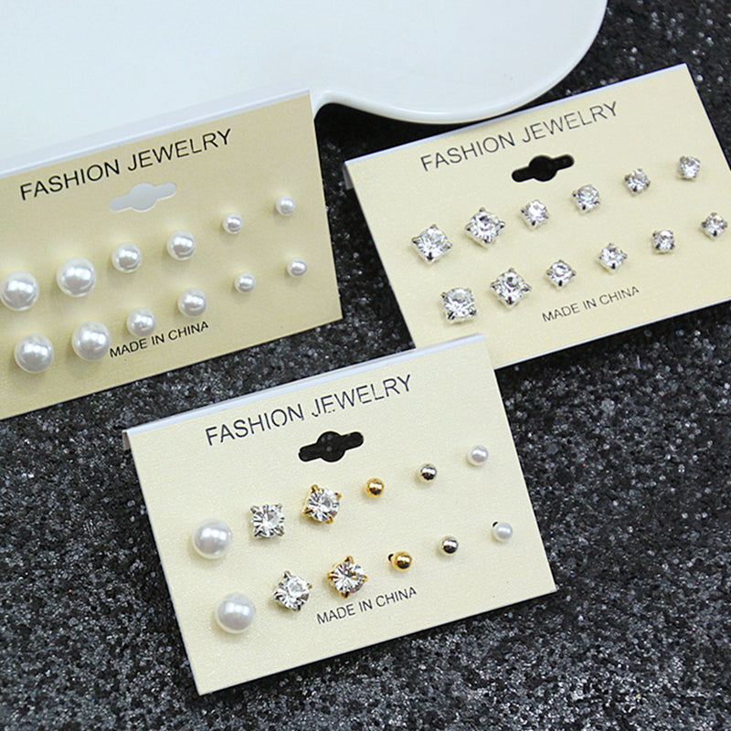 Fashionable Crystal Simulated Pearl Stud Earrings (6 Pair/Set)