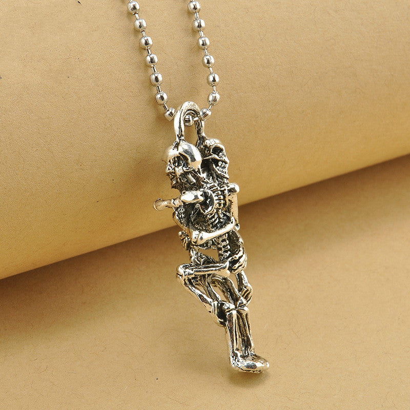 Two Skull Skeleton Embrace Cross Pendant Necklaces Punk Vintage Chain Necklace For Lovers Gift