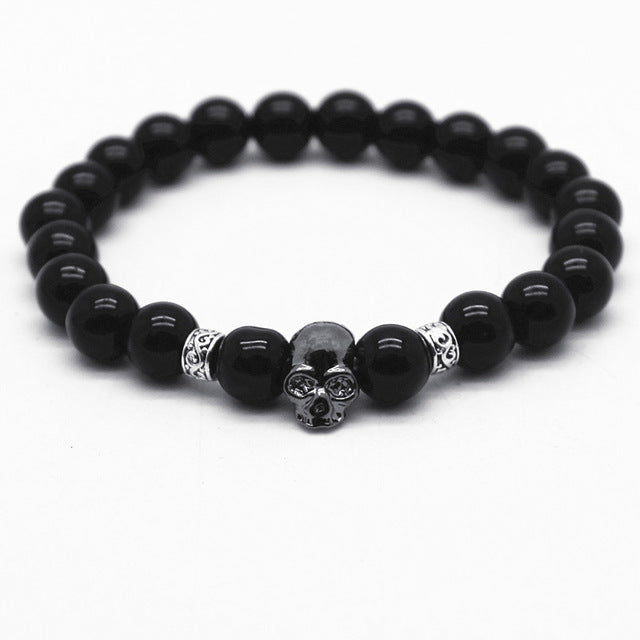 Black Beads Natural Stones Skull Bracelet