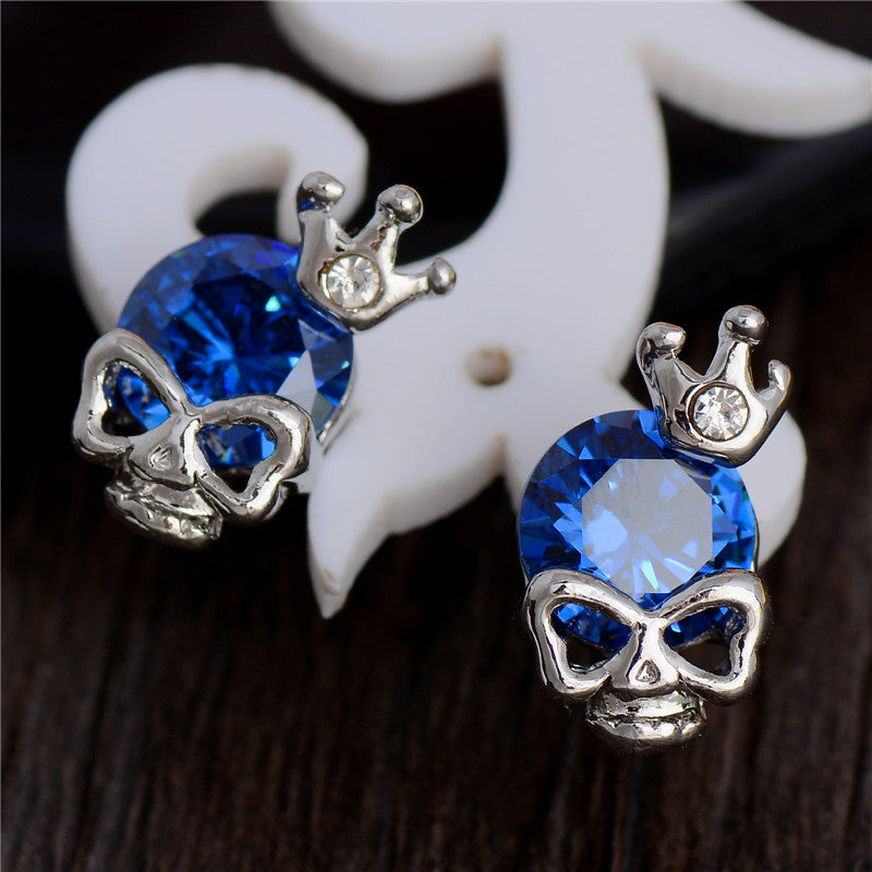 MULTI-COLORED CRYSTAL CROWNED SKULL HEAD EARRINGS