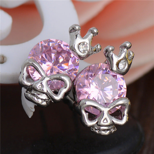 MULTI-COLORED CRYSTAL CROWNED SKULL HEAD EARRINGS