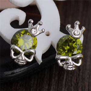 MULTI-COLORED CRYSTAL CROWNED SKULL HEAD EARRINGS