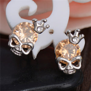 MULTI-COLORED CRYSTAL CROWNED SKULL HEAD EARRINGS