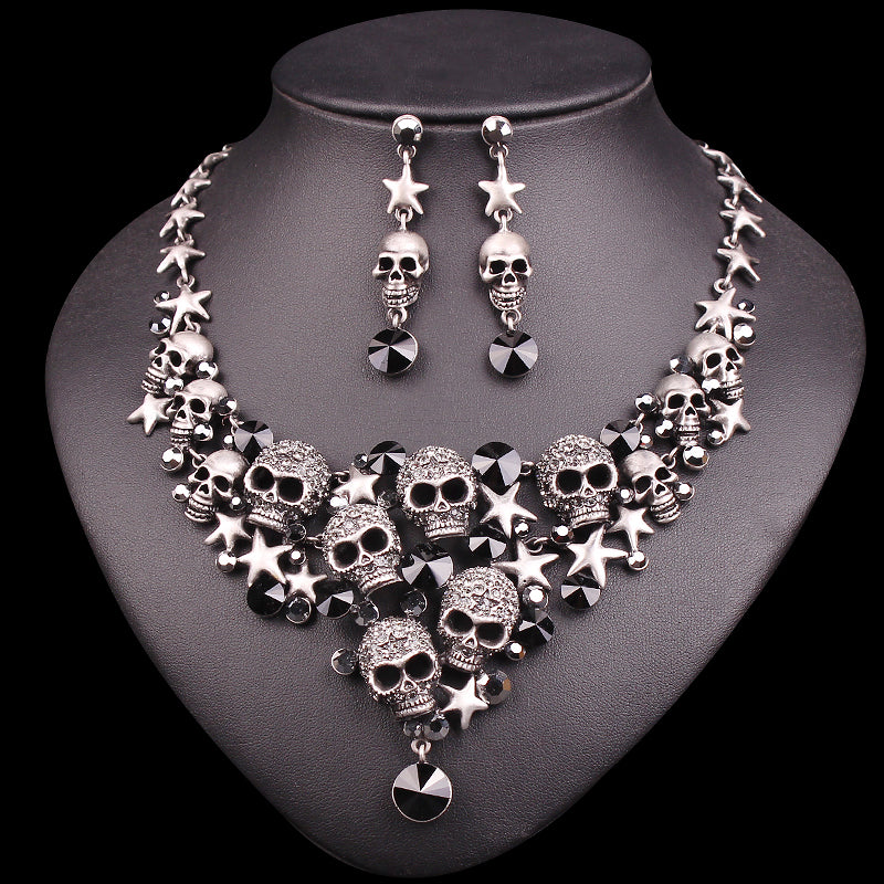 BAD-ASS RHINESTONES SKELETON NECKLACE & EARRINGS JEWELRY SET