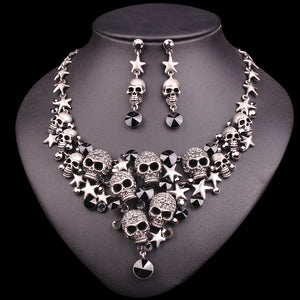 BAD-ASS RHINESTONES SKELETON NECKLACE & EARRINGS JEWELRY SET