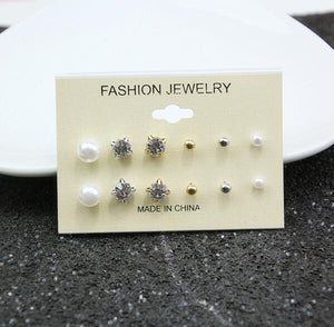 Fashionable Crystal Simulated Pearl Stud Earrings (6 Pair/Set)