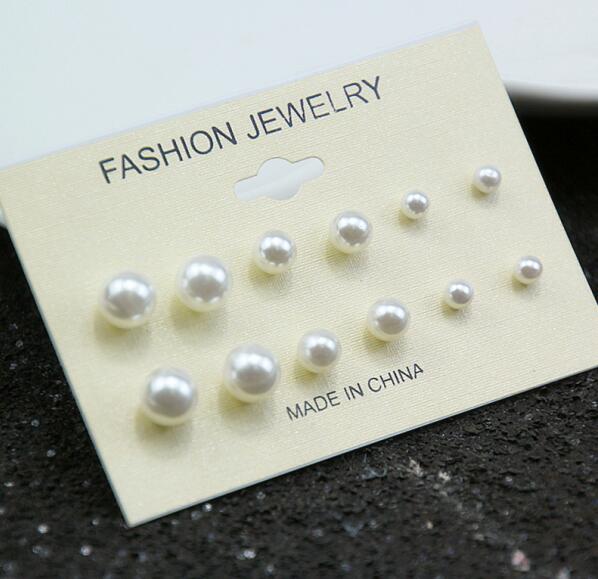 Fashionable Crystal Simulated Pearl Stud Earrings (6 Pair/Set)