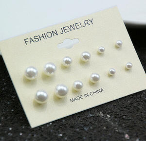 Fashionable Crystal Simulated Pearl Stud Earrings (6 Pair/Set)