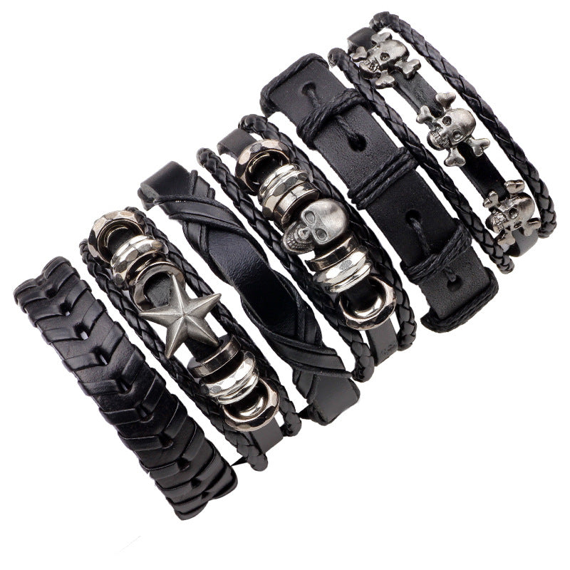 Leather Bracelet Men Multilayer Punk Skull