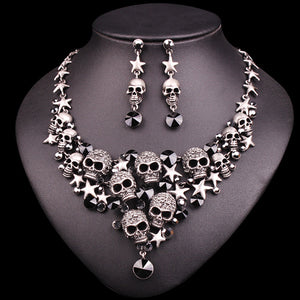 BAD-ASS RHINESTONES SKELETON NECKLACE & EARRINGS JEWELRY SET