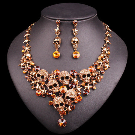 BAD-ASS RHINESTONES SKELETON NECKLACE & EARRINGS JEWELRY SET