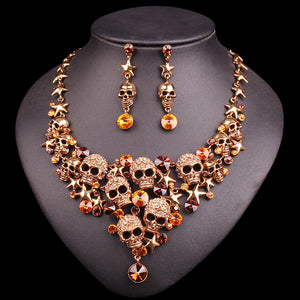 BAD-ASS RHINESTONES SKELETON NECKLACE & EARRINGS JEWELRY SET