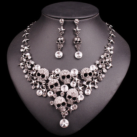 BAD-ASS RHINESTONES SKELETON NECKLACE & EARRINGS JEWELRY SET
