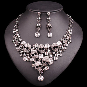 BAD-ASS RHINESTONES SKELETON NECKLACE & EARRINGS JEWELRY SET