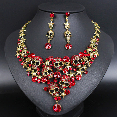 BAD-ASS RHINESTONES SKELETON NECKLACE & EARRINGS JEWELRY SET