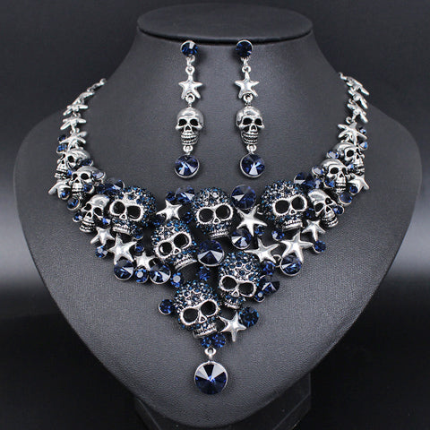 BAD-ASS RHINESTONES SKELETON NECKLACE & EARRINGS JEWELRY SET