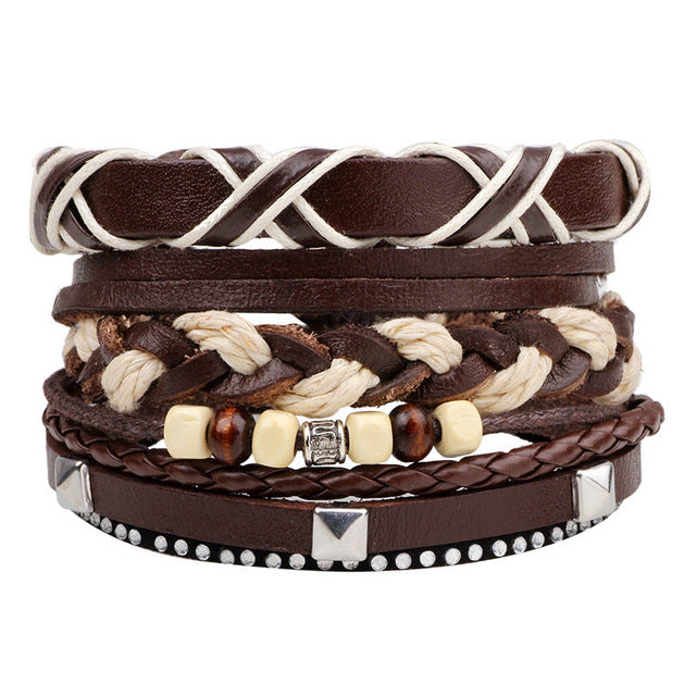 New Fashion Bead Leather Bracelets & bangles for Women 3/4 pcs 1 Set Multilayer Wristband Bracelet Men
