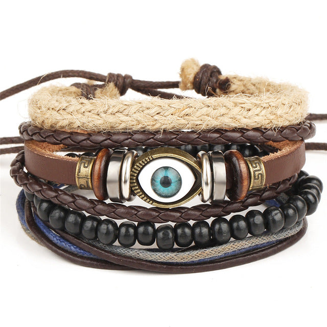 New Fashion Bead Leather Bracelets & bangles for Women 3/4 pcs 1 Set Multilayer Wristband Bracelet Men