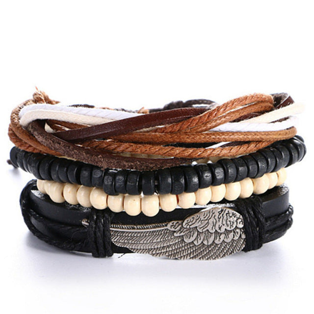 New Fashion Bead Leather Bracelets & bangles for Women 3/4 pcs 1 Set Multilayer Wristband Bracelet Men