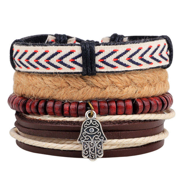New Fashion Bead Leather Bracelets & bangles for Women 3/4 pcs 1 Set Multilayer Wristband Bracelet Men