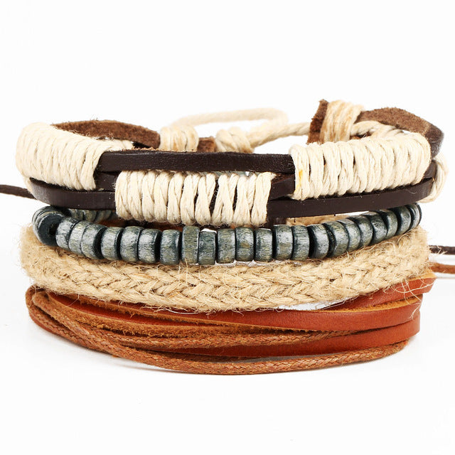 New Fashion Bead Leather Bracelets & bangles for Women 3/4 pcs 1 Set Multilayer Wristband Bracelet Men