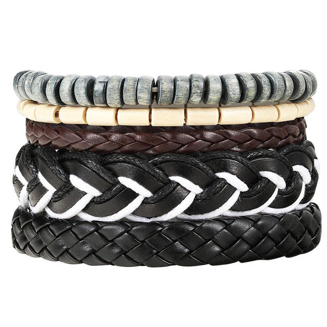 New Fashion Bead Leather Bracelets & bangles for Women 3/4 pcs 1 Set Multilayer Wristband Bracelet Men