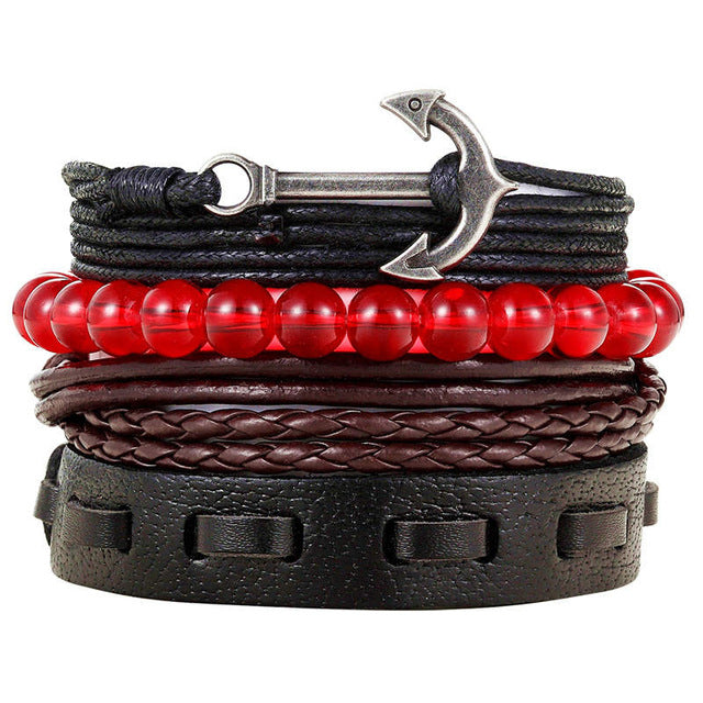New Fashion Bead Leather Bracelets & bangles for Women 3/4 pcs 1 Set Multilayer Wristband Bracelet Men