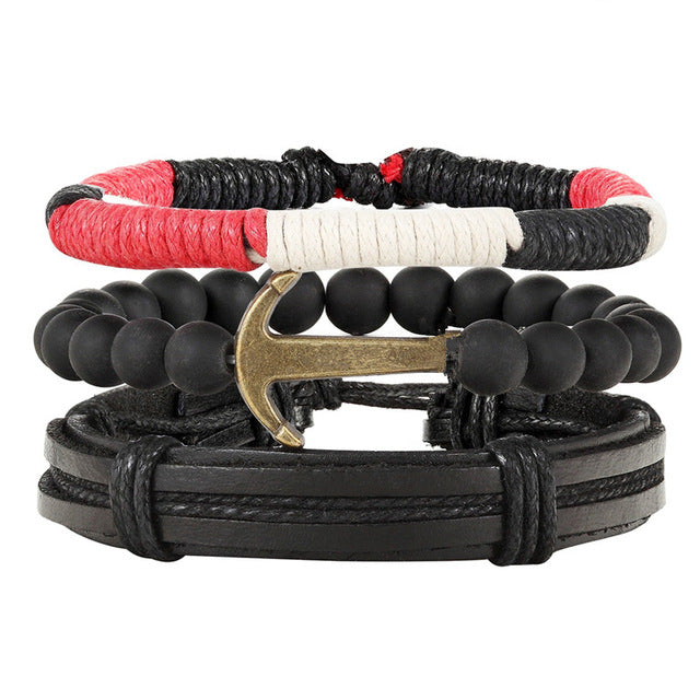 New Fashion Bead Leather Bracelets & bangles for Women 3/4 pcs 1 Set Multilayer Wristband Bracelet Men