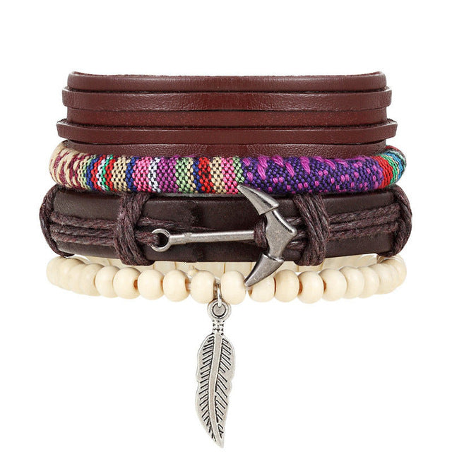 New Fashion Bead Leather Bracelets & bangles for Women 3/4 pcs 1 Set Multilayer Wristband Bracelet Men